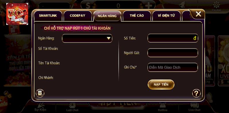 Nạp tiền tại cổng game bằng nhiều phương thức tiện lợi