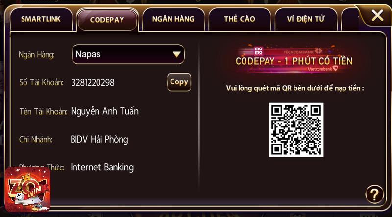 Thực hiện giao dịch thông qua phương thức Code Pay